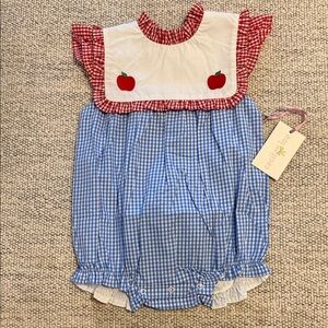 Cecil and Lou Blue and Red Gingham Romper with Red Apple Design 2T